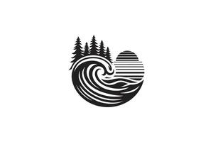 playa Oceano vibraciones logo con olas con pino árbol bosque, negro y blanco silueta estilo vector