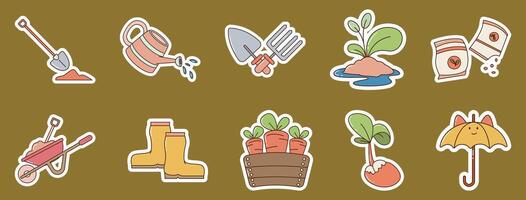 Set of Sticker Cute Gardening Tools Illustrations. Cartoon and Handdrawn Style Spring and Nature vector