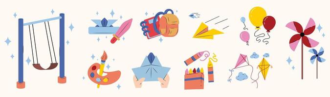 Set of Cartoon School Stuff Illustrations. Cartoon and Handdrawn Style Children's Day vector