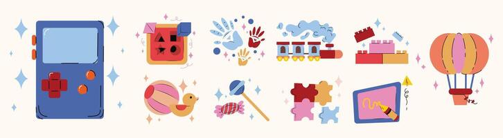 Set of Cartoon Children's Toy Illustrations. Cartoon and Handdrawn Style Children's Day vector