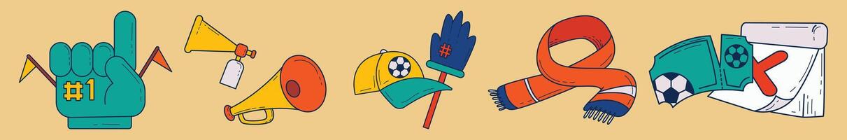 conjunto de dibujos animados fútbol seguidor cosas ilustraciones vector