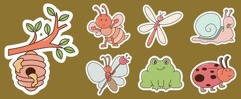 conjunto de pegatina linda insecto personaje ilustraciones. dibujos animados y dibujado a mano estilo primavera y naturaleza vector