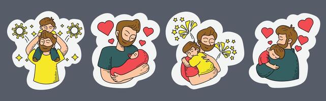 Set of Sticker Daddy Character Illustrations. Cartoon and Handdrawn Style Father's Day vector