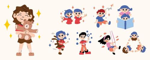 Set of Cartoon Children Character Illustrations. Cartoon and Handdrawn Style Children's Day vector