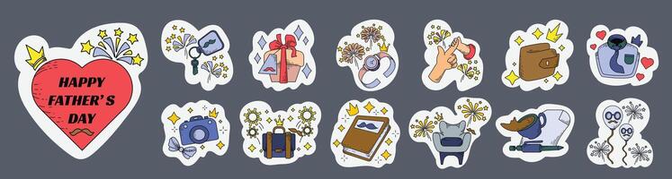 Set of Sticker Father's Stuff Illustrations. Cartoon and Handdrawn Style Father's Day vector