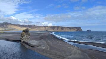 A picturesque black sand beach in Iceland with birds soaring overhead. video