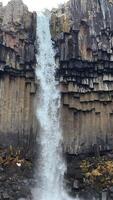 ein Wasserfall Kaskaden Nieder sechseckig Basalt Säulen im ein schließen Vertikale Aussicht video