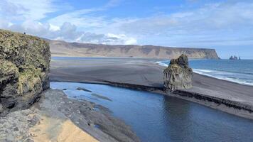 A striking view of Iceland's landscape featuring a black seashore and dramatic clouds. video
