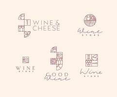Wine art deco lettering labels drawing in linear style on light background vector
