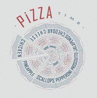 Poster featuring slices of various pizzas, chicken, seafood, pepperoni, cheese, margherita with recipes and names showcased in pizza time lettering, drawn with blue and red on a grey background. vector