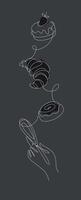 Bakery desserts cake, croissant and rolling pin linear style vertical silhouette drawing on black background vector