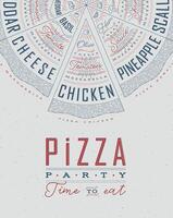 Poster featuring slices of various pizzas, chicken, seafood, pepperoni, cheese, margherita with recipes and names showcased in pizza party time to eat lettering, drawn with blue and red on a grey BG. vector