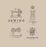 Sewing symbols machine, mannequin, wool, thread with lettering drawing in floral style on coffee color background vector