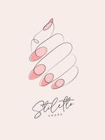 Woman hand with pink stiletto shape nails drawing in linear style on beige background vector