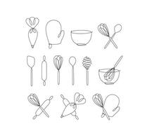 Linear bakery tools pastry bag, potholder, bowl, whisk, spoon, rolling pin, spatula drawing in pen line style on white background vector