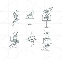 Dessert on cake stand in art deco style holding ice cream, cupcake, macarons, croissant drawing on white background vector