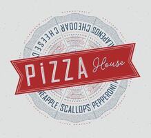 Poster featuring slices of various pizzas, chicken, seafood, pepperoni, cheese, margherita with recipes and names showcased in pizza house lettering, drawn with blue and red on a grey background. vector