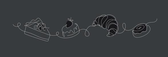 Bakery desserts cake, croissant, cupcake linear style silhouette drawing on black background vector