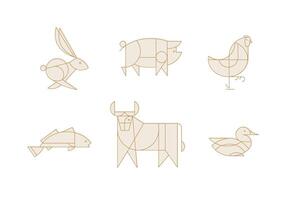 Animals rabbit, pig, chicken, fish, cow, duck drawing in art deco linear style on light background vector