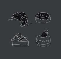 Bakery desserts cake, croissant, cupcake, bun icons drawing in linear style on black background vector