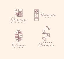 Wine art deco labels with lettering drawing in linear style on light background vector