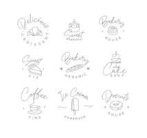 Linear bakery and dessert labels croissant, cupcake, pie, baguette, cake, coffee, ice cream, doughnut with lettering drawing in pen line style on white background vector