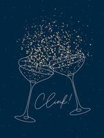 Clink glass of champagne with splash drawing in pen line style on blue background vector