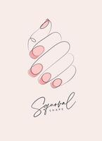 Woman hand with pink oval shape nails drawing in linear style on beige background vector