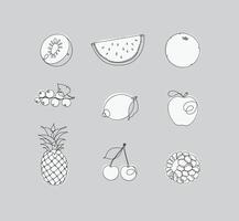 frutas íconos kiwi, sandía, naranja, grosella, limón, manzana, piña, Cereza frambuesas dibujo en lineal estilo en gris antecedentes vector