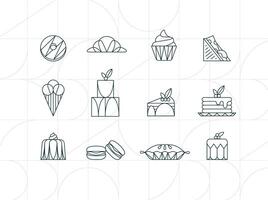 Dessert icons in art deco style donut, croissant, cupcake, sandwich, ice cream, cake, dessert, pancakes, macarons, pie jelly drawing on white background vector