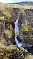 gêmeo cascatas fundir para crio uma rio no meio verde coberto de musgo pedras video