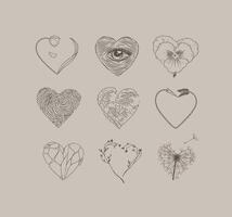 Hearts shape with flower, eye, fingerprint, wave, arrow, stone drawing in graphic style on beige background vector