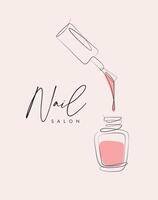 Nail polish pink bottle lettering salon drawing in linear style on beige background vector