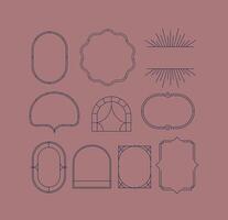Art deco frames drawing in linear style on coral background. vector