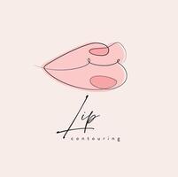 Lips with contouring drawing in linear style on peach background vector