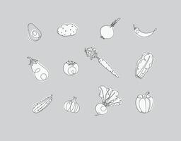 Vegetables icons avocado, potato, onion, chili, eggplant, tomato, carrot, lettuce, cucumber, garlic beet pepper drawing in linear style on grey background vector