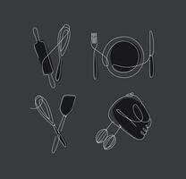 Kitchen appliances rolling pin, whisk, fork, knife, plate, spatula, mixer drawing in linear style on black background. vector