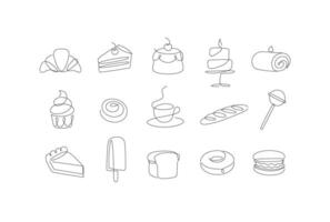 Linear bakery and dessert icons cupcake, lollipop, coffee, baguette, pie, doughnut, ice cream, cake, macarons, bread, biscuit drawing in pen line style on white background vector