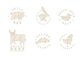 Animal labels in art deco linear style with lettering grill bbq, fresh meat, smoked beef restaurant, golden salmon, farm products drawing on light background vector