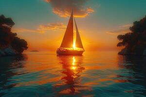 a wide view of the sea among Islands with the yacht sailing on sunset professional photography photo