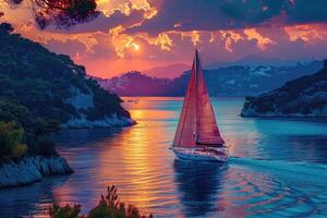 a wide view of the sea among Islands with the yacht sailing on sunset professional photography photo