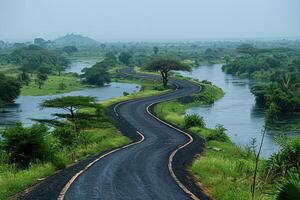 the river along with a road going through the border of the road professional photography photo