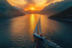 a wide view of the sea among Islands with the yacht sailing on sunset professional photography photo