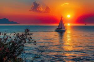 a wide view of the sea among Islands with the yacht sailing on sunset professional photography photo