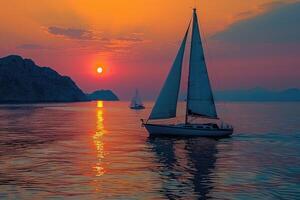 a wide view of the sea among Islands with the yacht sailing on sunset professional photography photo