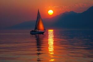 a wide view of the sea among Islands with the yacht sailing on sunset professional photography photo