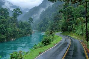 the river along with a road going through the border of the road professional photography photo