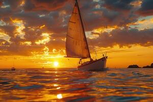 a wide view of the sea among Islands with the yacht sailing on sunset professional photography photo