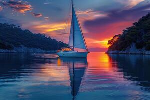 a wide view of the sea among Islands with the yacht sailing on sunset professional photography photo