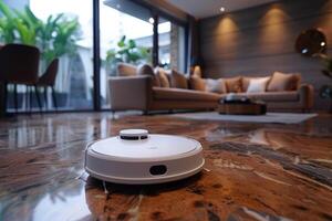 cleaning robot in scandinavian style living room professional photography photo